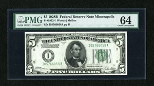image for: Fr. 1952-I $5 1928B Dark Green Seal Federal Reserve Note. PMG Choice Uncirculated 64....