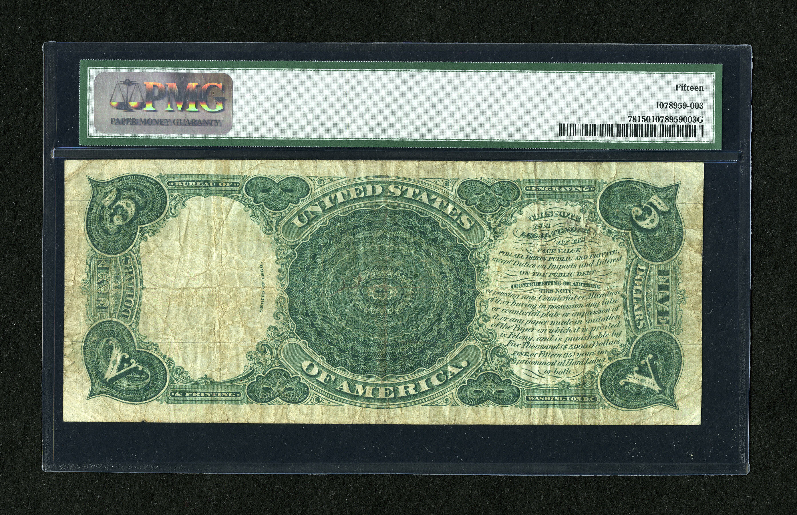 image for: Fr. 78 $5 1880 Legal Tender PMG Choice Fine 15....