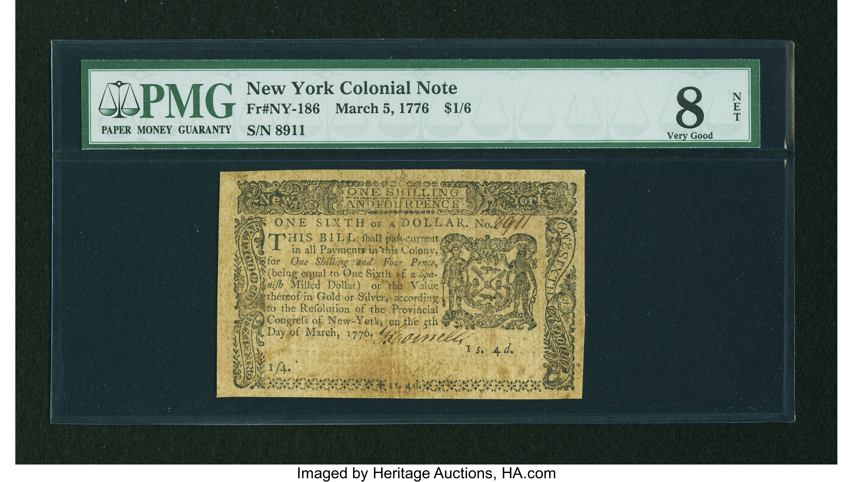 image for: New York March 5, 1776 $1/6 PMG Very Good 8 Net....