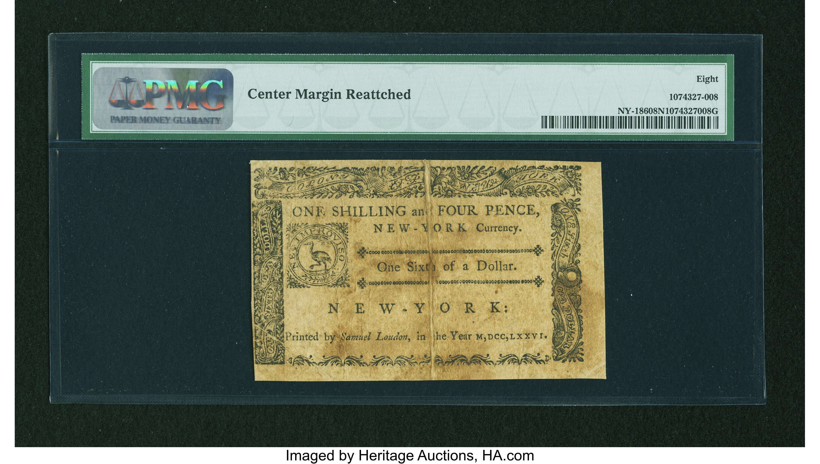 image for: New York March 5, 1776 $1/6 PMG Very Good 8 Net....