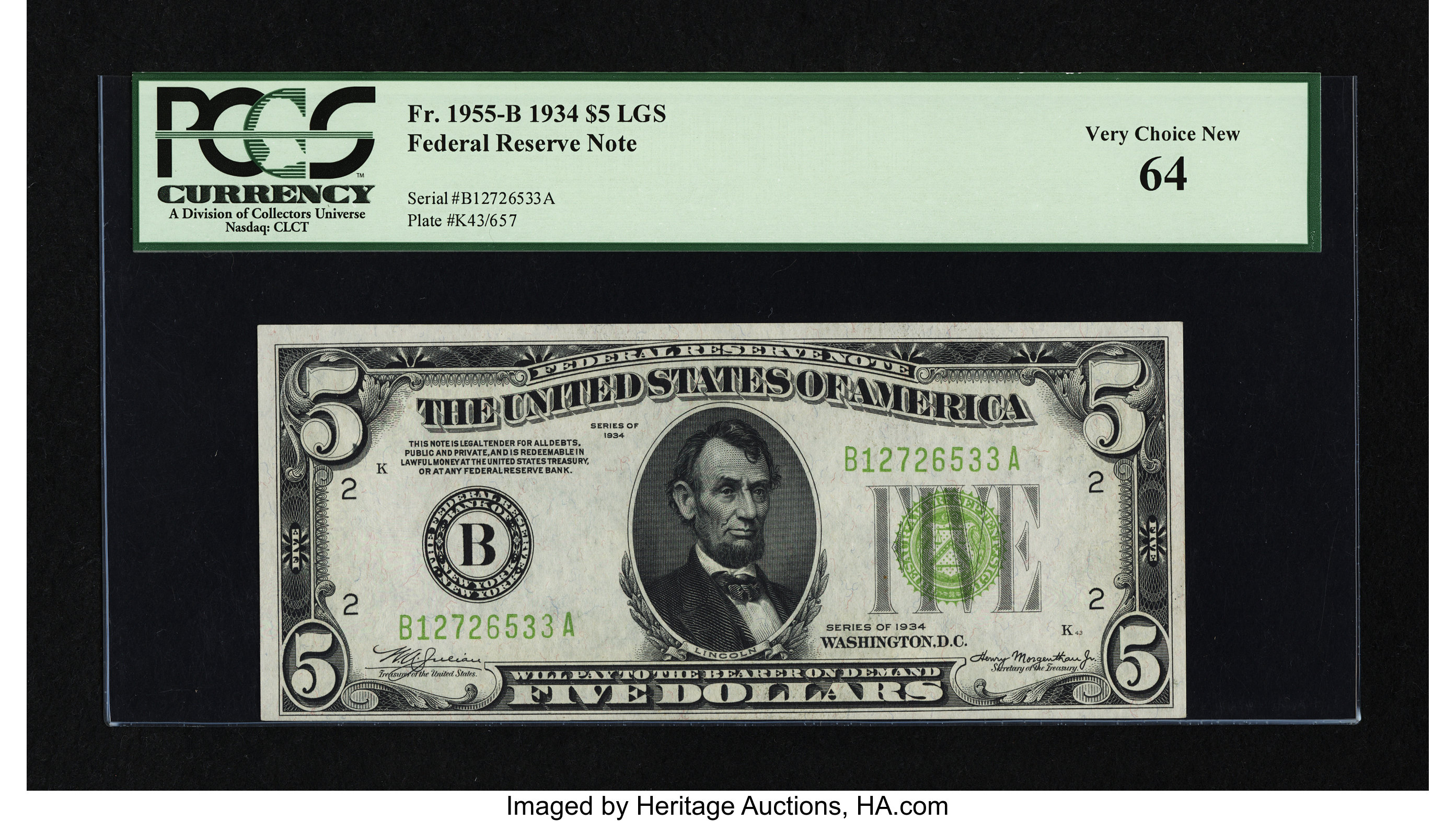 image for: Fr. 1955-B $5 1934 Light Green Seal Federal Reserve Note. PCGS Very Choice New 64....