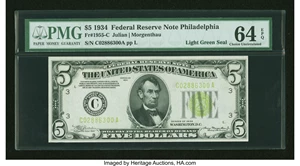image for: Fr. 1955-C $5 1934 Light Green Seal Federal Reserve Note. PMG Choice Uncirculated 64 EPQ....