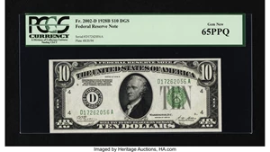 image for: Fr. 2002-D $10 1928B Dark Green Seal Federal Reserve Note. PCGS Gem New 65PPQ....