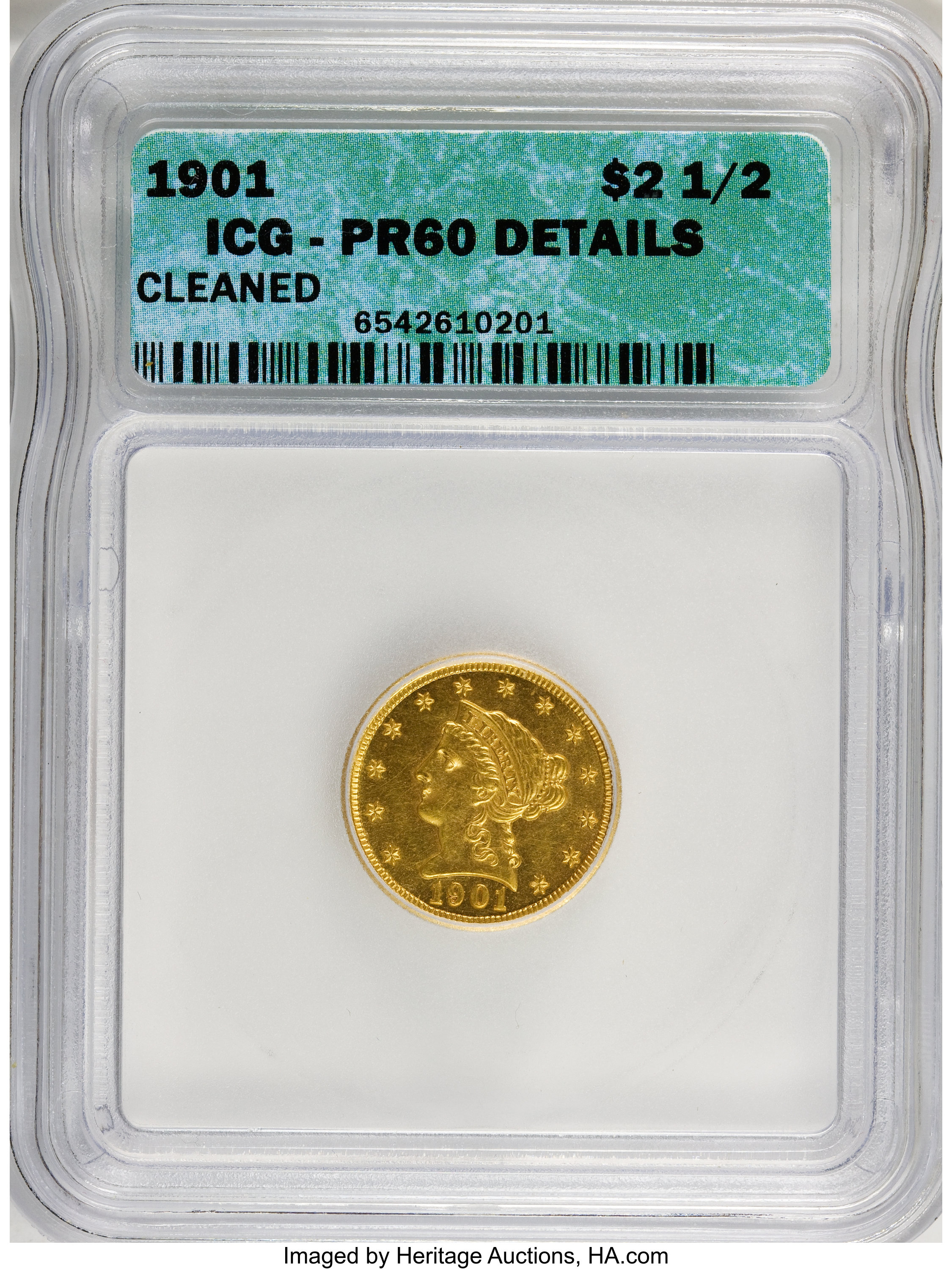 image for: 1901 $2 1/2 --Cleaned--ICG. PR60 Details....