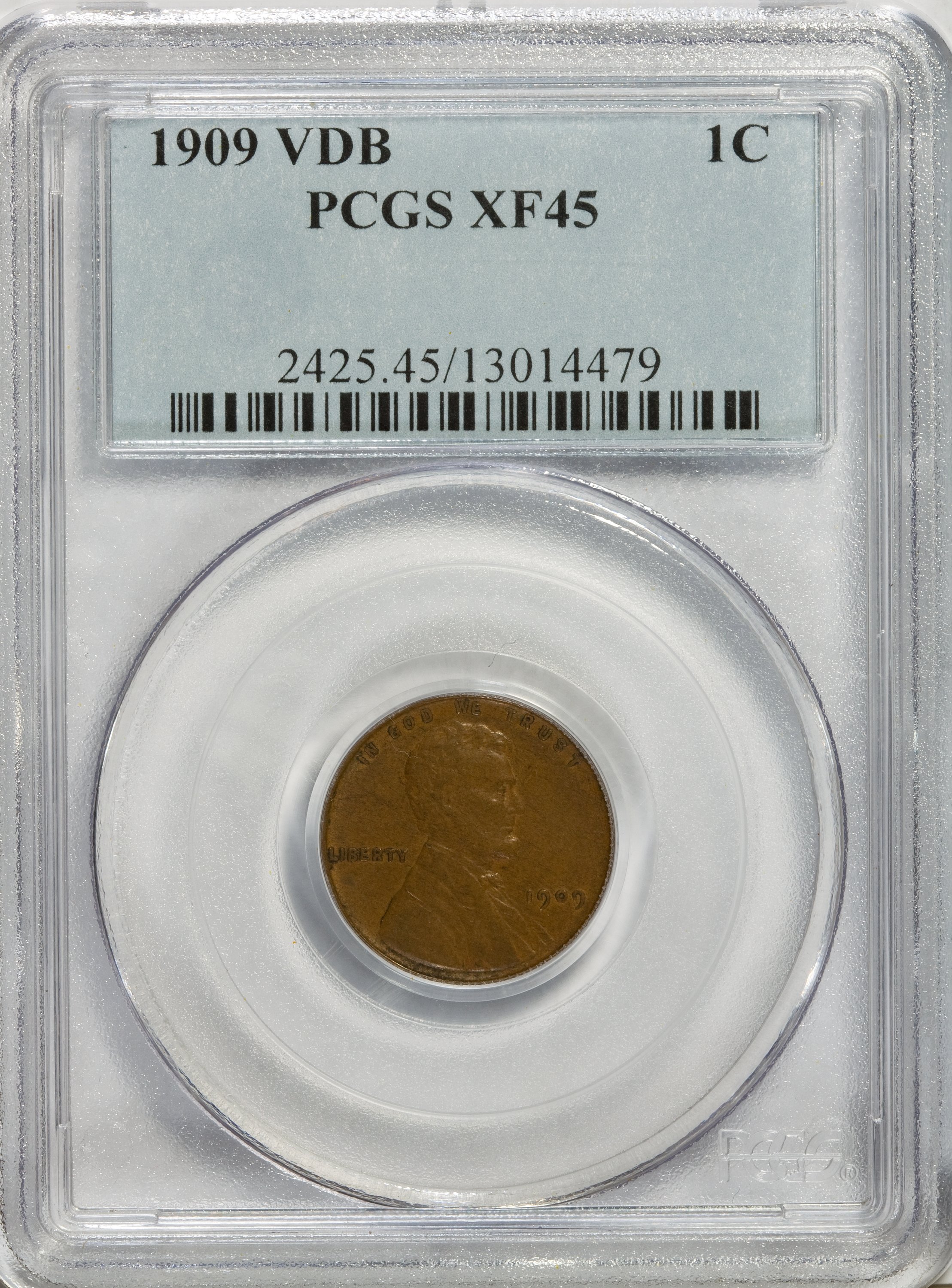 1909 VDB 1C XF45 PCGS. PCGS Population (0/9766). NGC Census: (0/13). Mintage: 27,995,000. (#2425)...