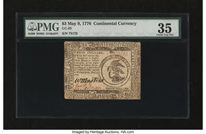 image for: Continental Currency May 9, 1776 $3 PMG Choice Very Fine 35....