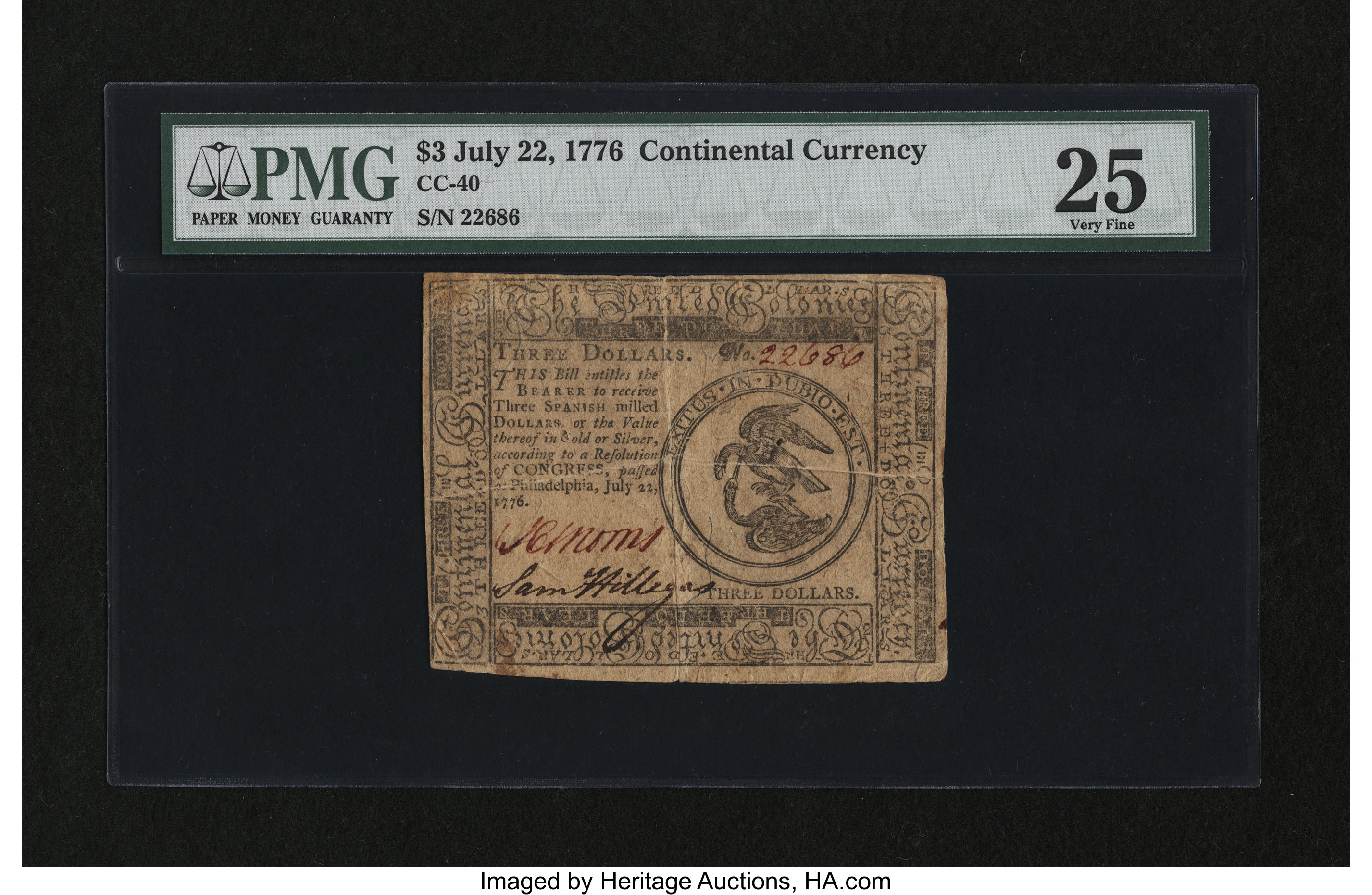 image for: Continental Currency July 22, 1776 $3 PMG Very Fine 25....