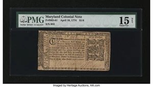 image for: Maryland April 10, 1774 $1/6 PMG Choice Fine 15 Net....