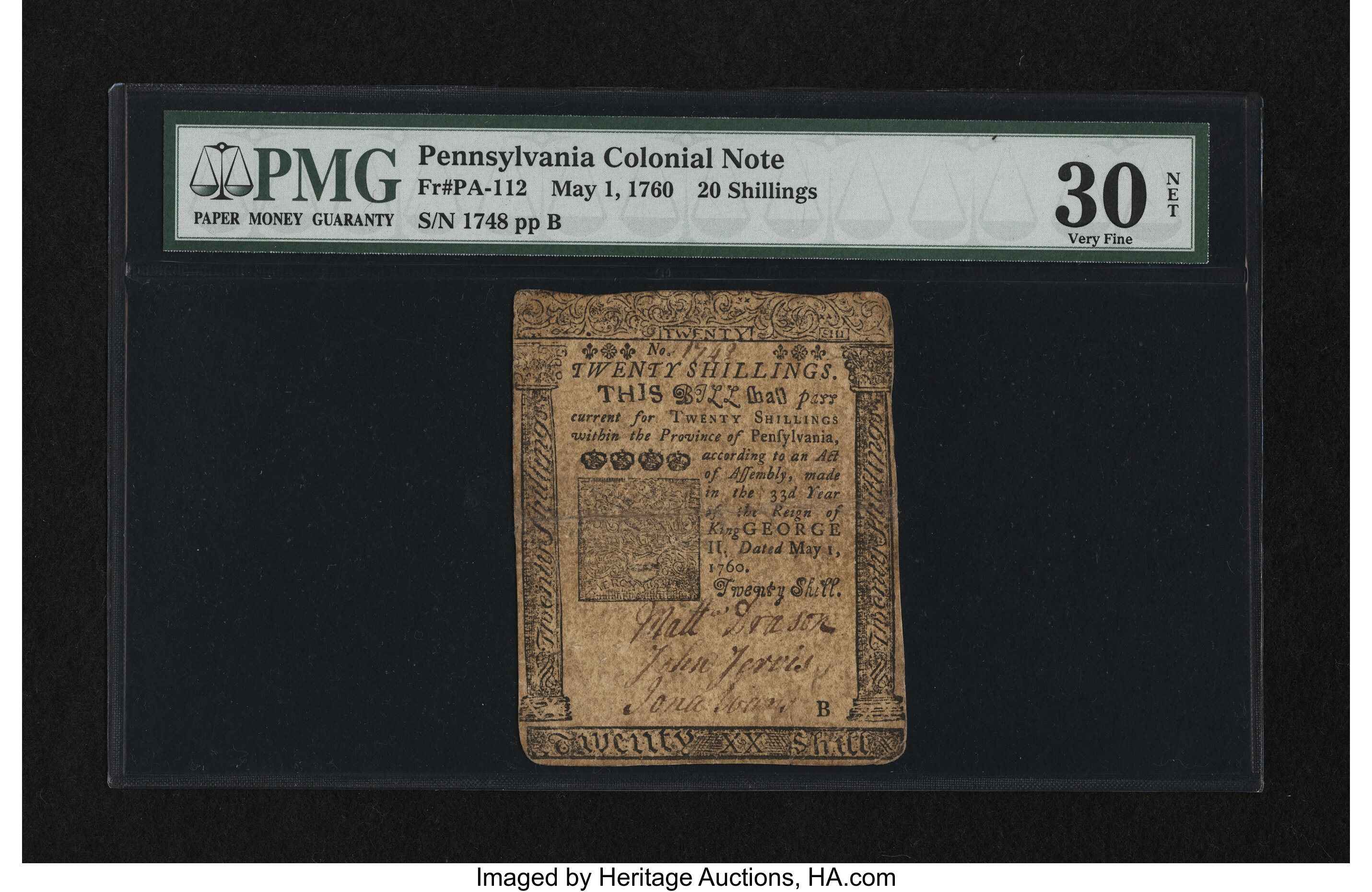image for: Pennsylvania May 1, 1760 20s PMG Very Fine 30 Net....