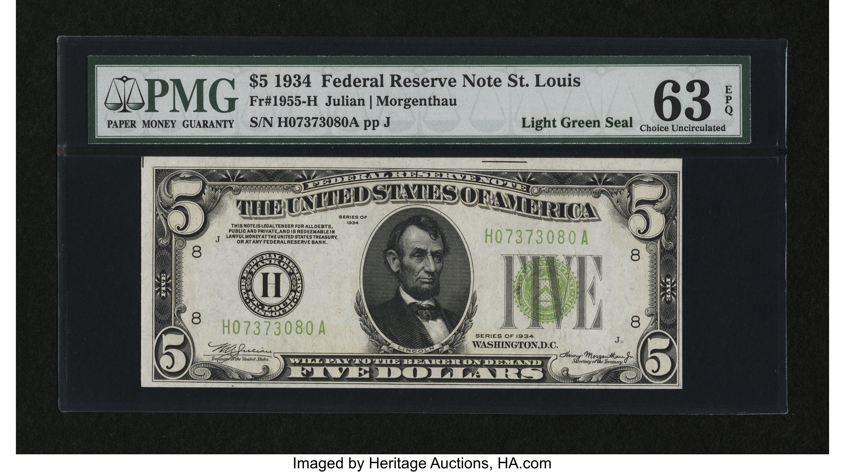 image for: Fr. 1955-H $5 1934 LGS Federal Reserve Note. PMG Choice Uncirculated 63 EPQ....
