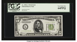 image for: Fr. 1955-L $5 1934 Light Green Seal Federal Reserve Note. PCGS Very Choice New 64PPQ....