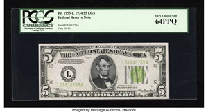 image for: Fr. 1955-L $5 1934 Light Green Seal Federal Reserve Note. PCGS Very Choice New 64PPQ....