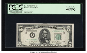 image for: Fr. 1963-J $5 1950B Federal Reserve Note. PCGS Very Choice New 64PPQ....