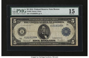 image for: Fr. 845 $5 1914 Federal Reserve Note PMG Choice Fine 15....