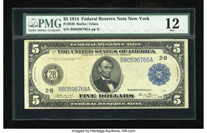 image for: Fr. 849 $5 1914 Federal Reserve Note PMG Fine 12....
