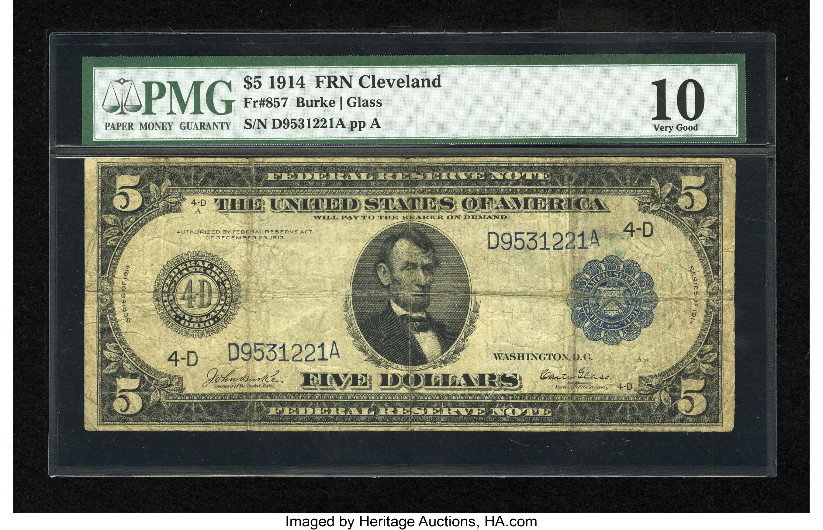 image for: Fr. 857 $5 1914 Federal Reserve Note PMG Very Good 10....