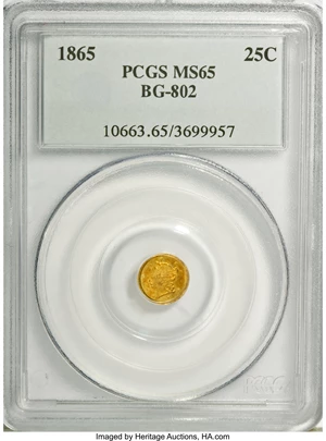 image for: 1865 25C Liberty Round 25 Cents, BG-802, Low R.5, MS65 PCGS....