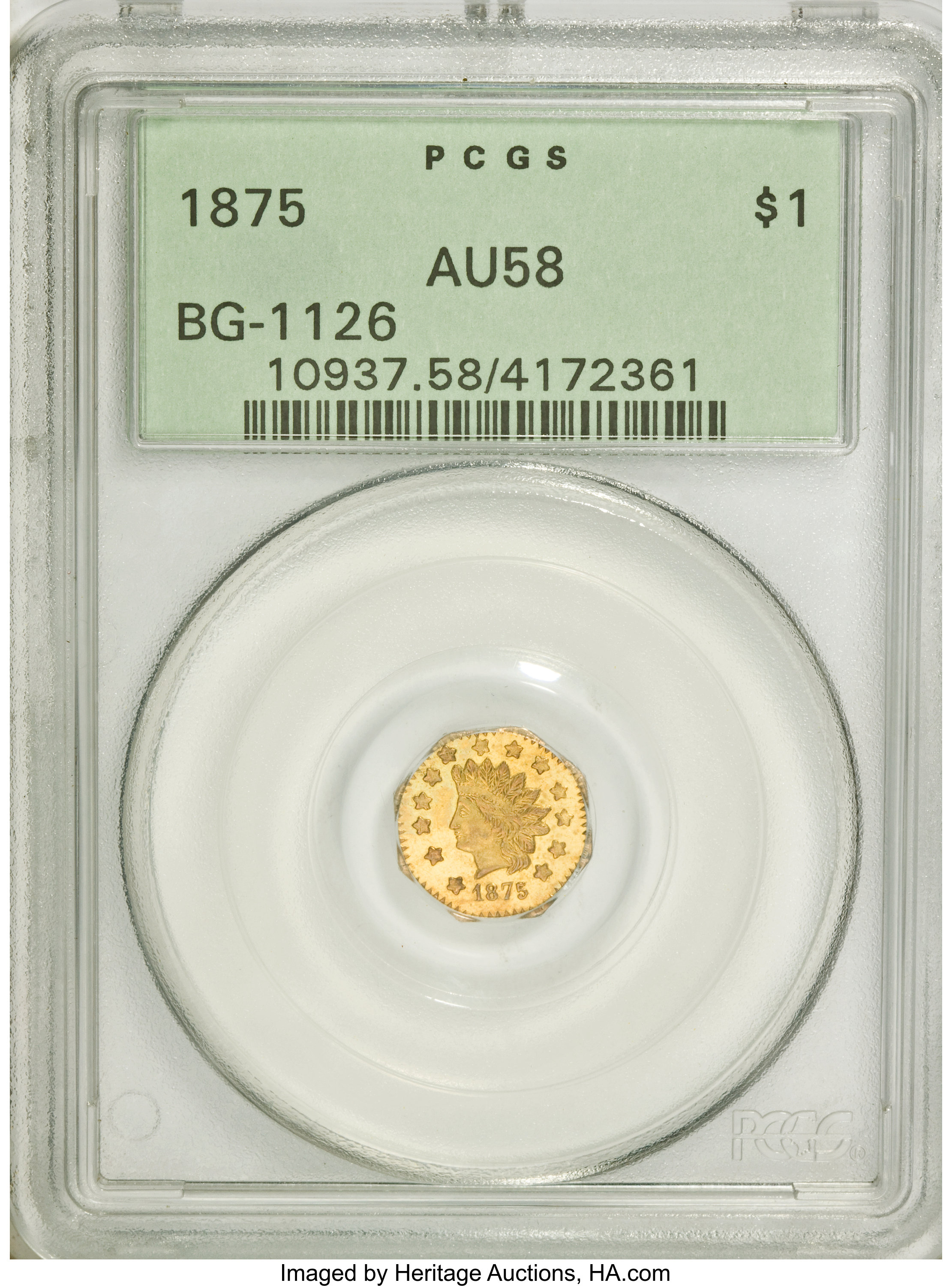 image for: 1875 $1 Indian Octagonal 1 Dollar, BG-1126, R.5, AU58 PCGS....