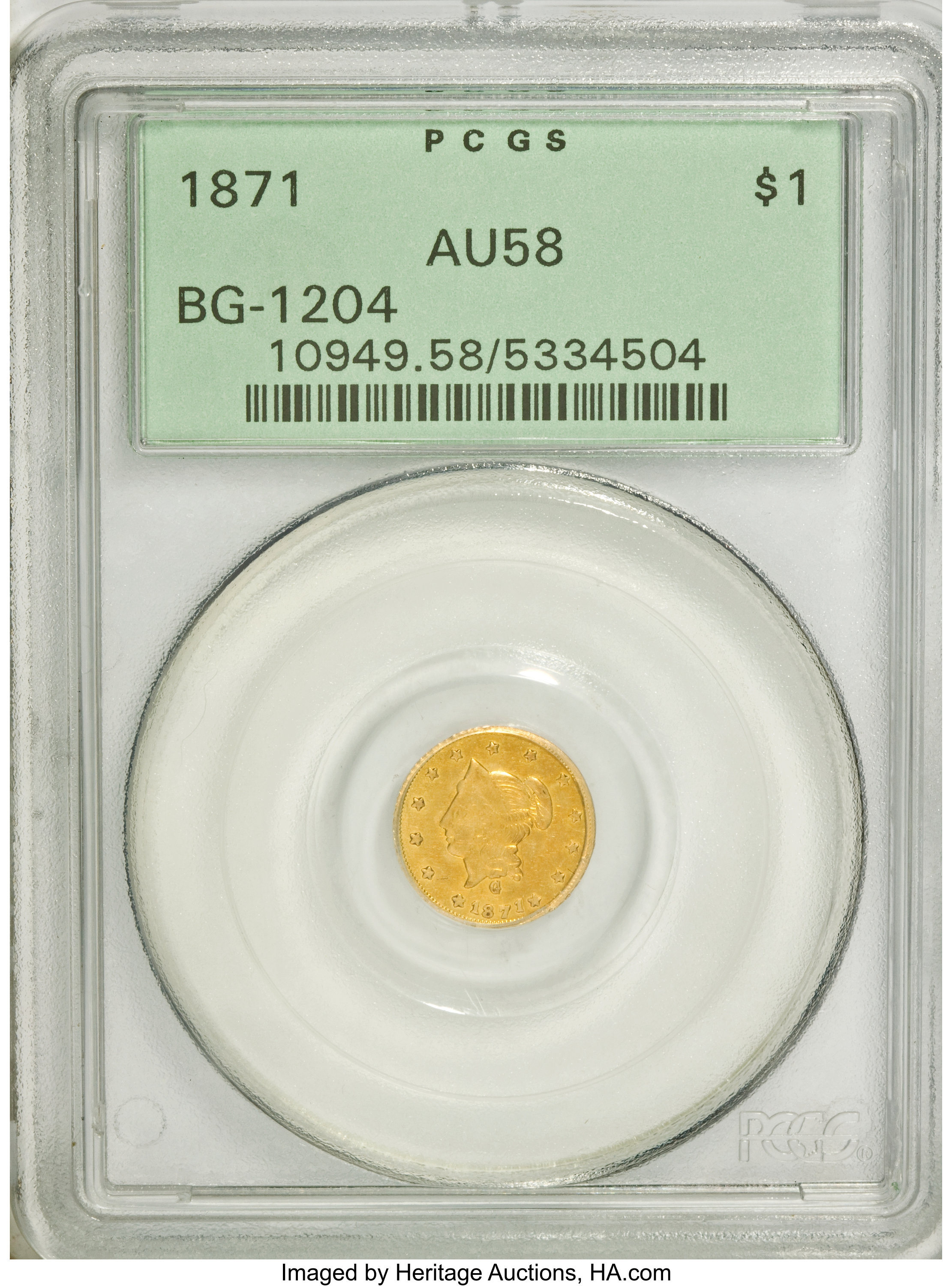 image for: 1871 $1 Liberty Round 1 Dollar, BG-1204, High R.5, AU58 PCGS....