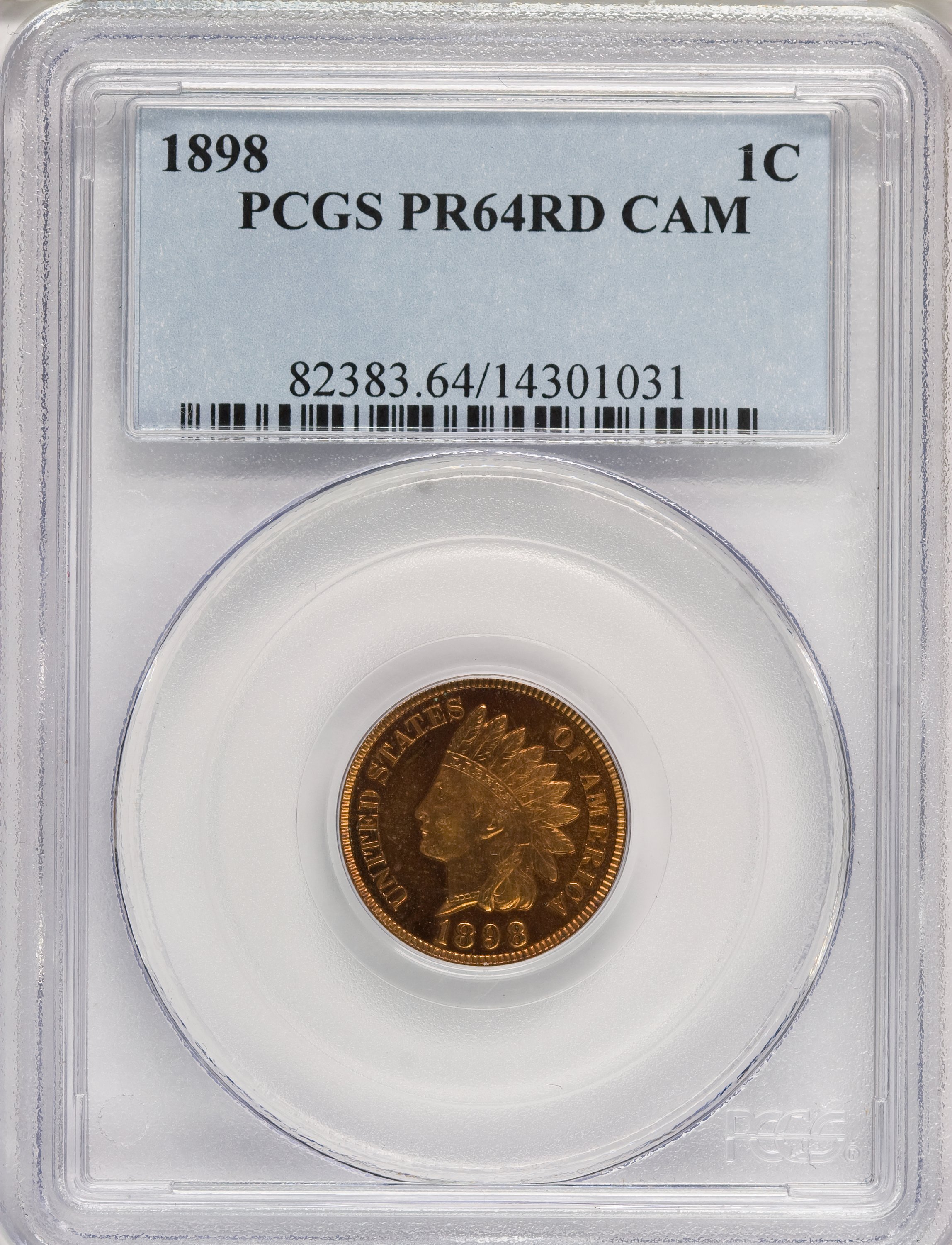 image for: 1898 1C PR64 Red Cameo PCGS. PCGS Population (4/7). NGC Census: (0/0).   (#82383)...