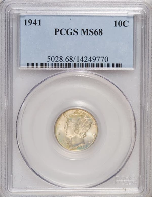 image for: 1941 10C MS68 PCGS. PCGS Population (4/0). NGC Census: (3/0). Mintage: 175,106,560. Numismedia Wsl. Price for NGC/PCGS coin...