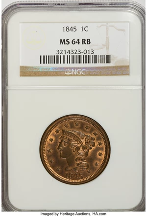 image for: 1845 1C MS64 Red and Brown NGC....