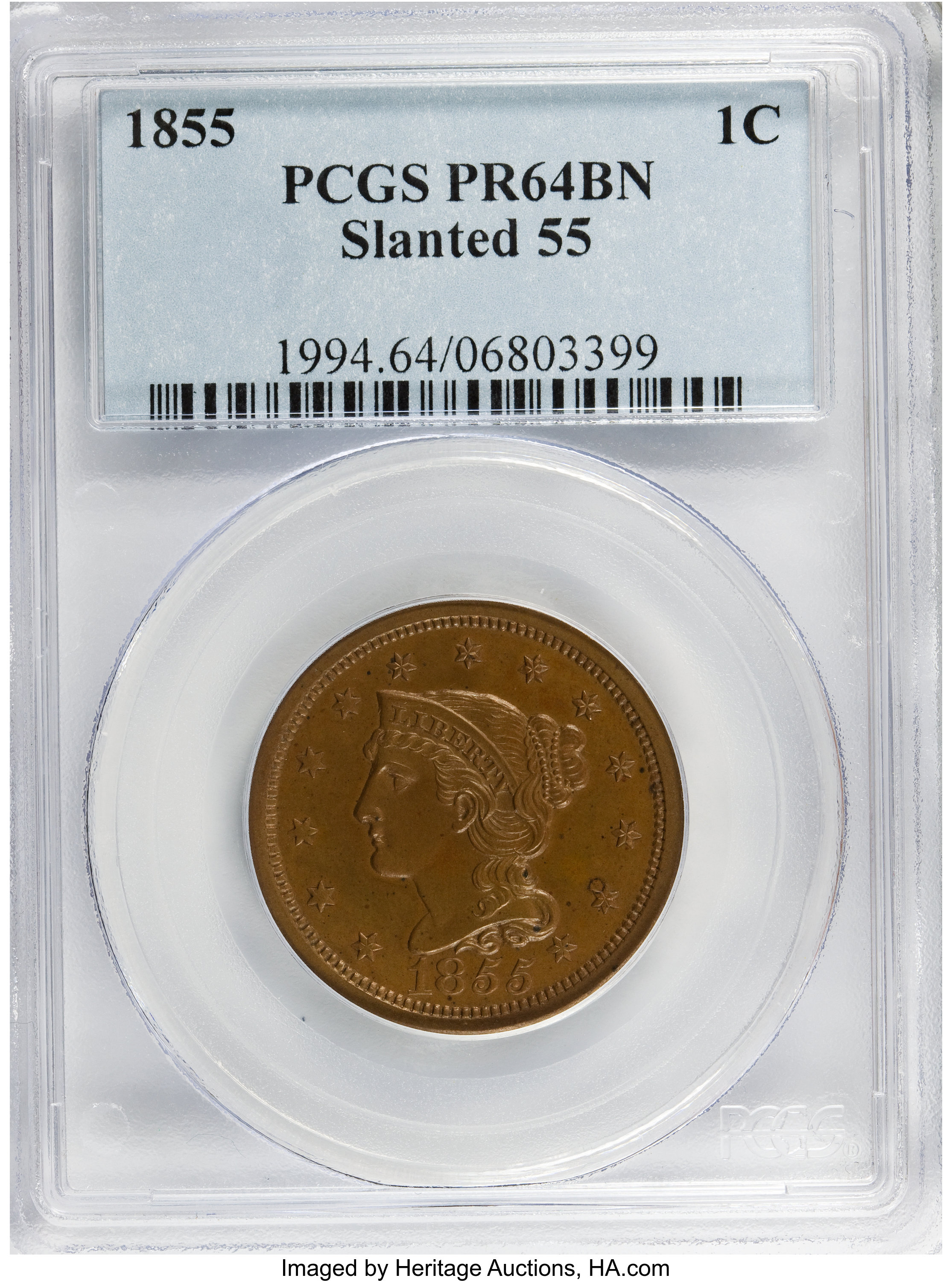 image for: 1855 1C PR64 Brown PCGS....