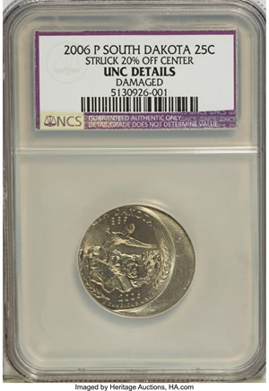 image for: 2006-P 25C South Dakota Quarter--Damaged, Struck 20% Off Center--NCS. UNC Details....