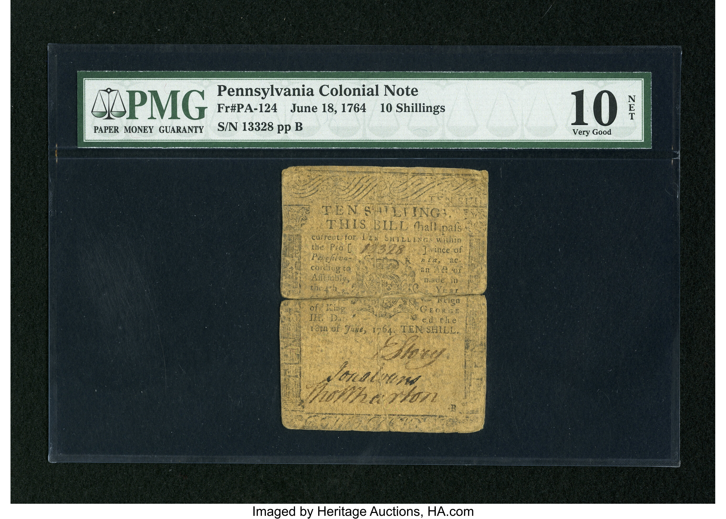 image for: Pennsylvania June 18, 1764 10s PMG Very Good 10 Net....