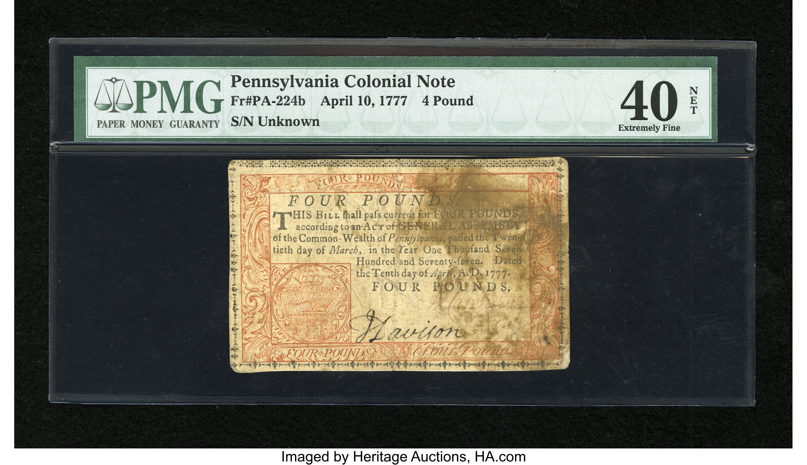 image for: Pennsylvania April 10, 1777 L4 Red and Black PMG Extremely Fine 40 Net....