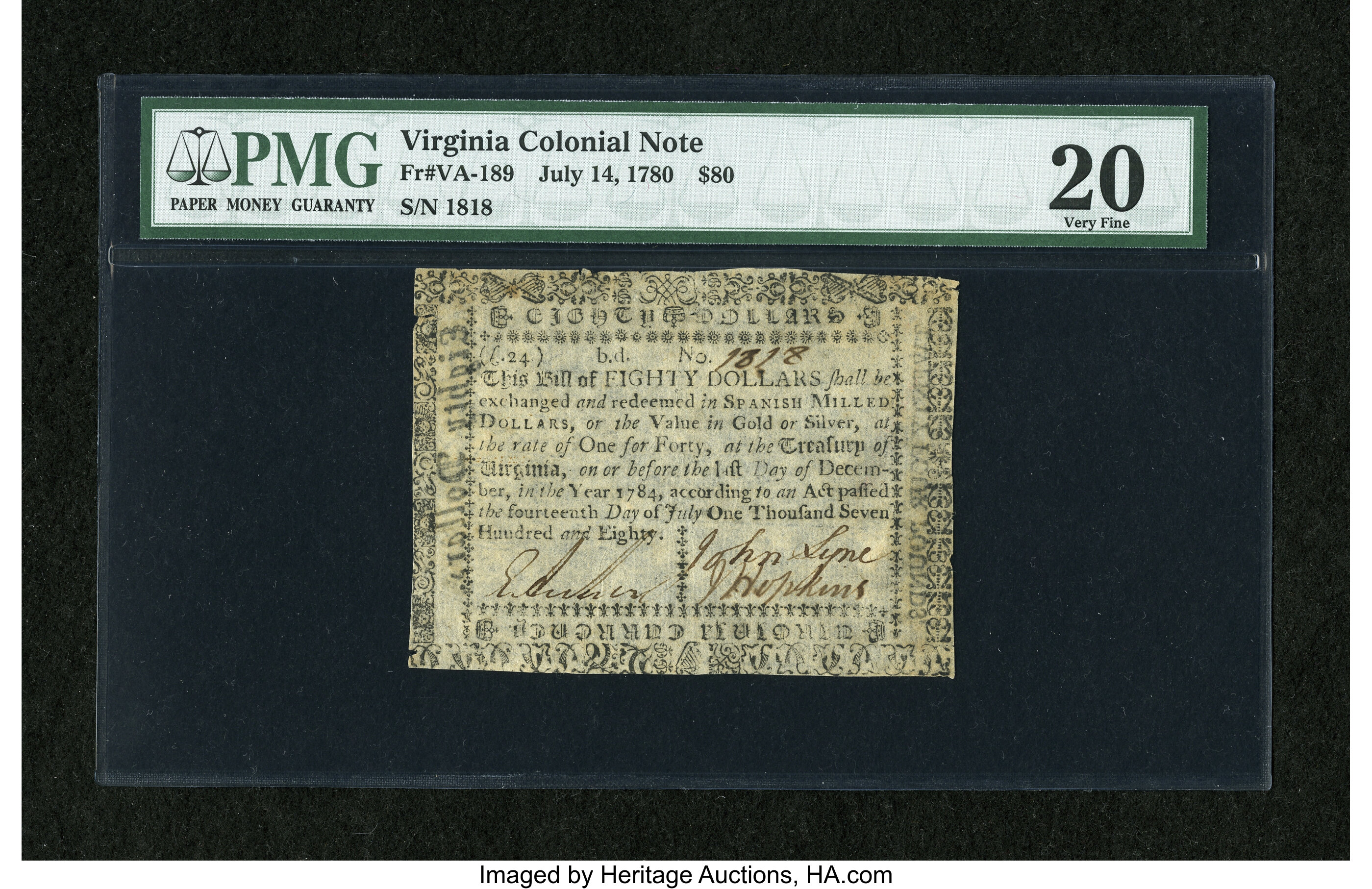 image for: Virginia July 14, 1780 $80 PMG Very Fine 20....