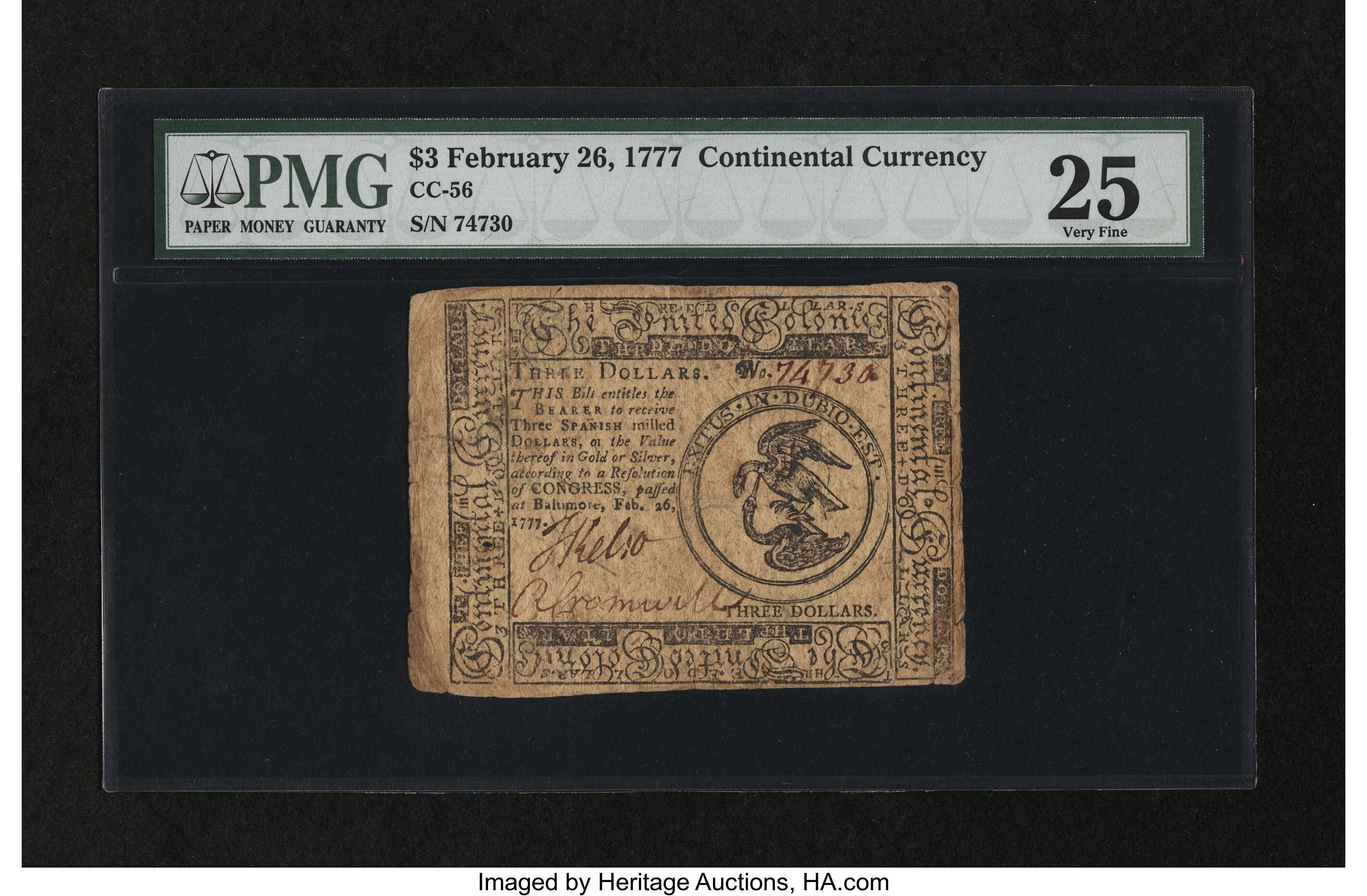 image for: Continental Currency February 26, 1777 $3 PMG Very Fine 25....