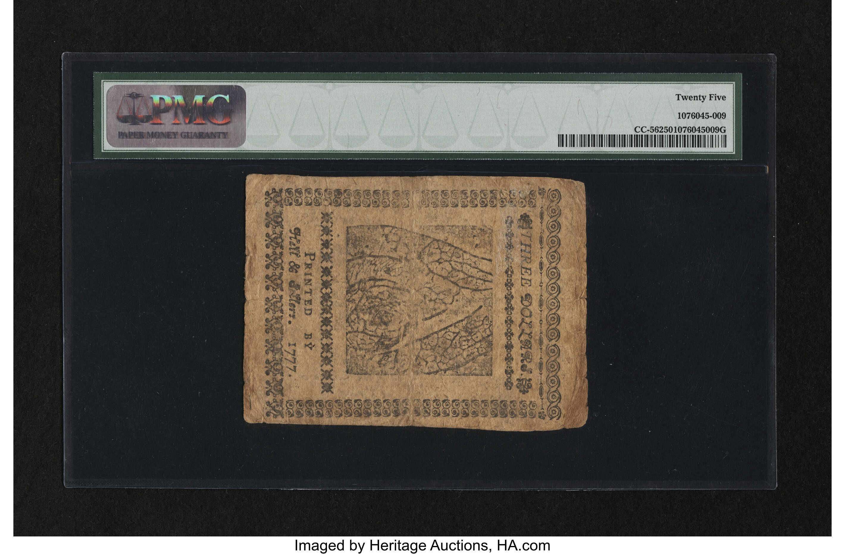 image for: Continental Currency February 26, 1777 $3 PMG Very Fine 25....