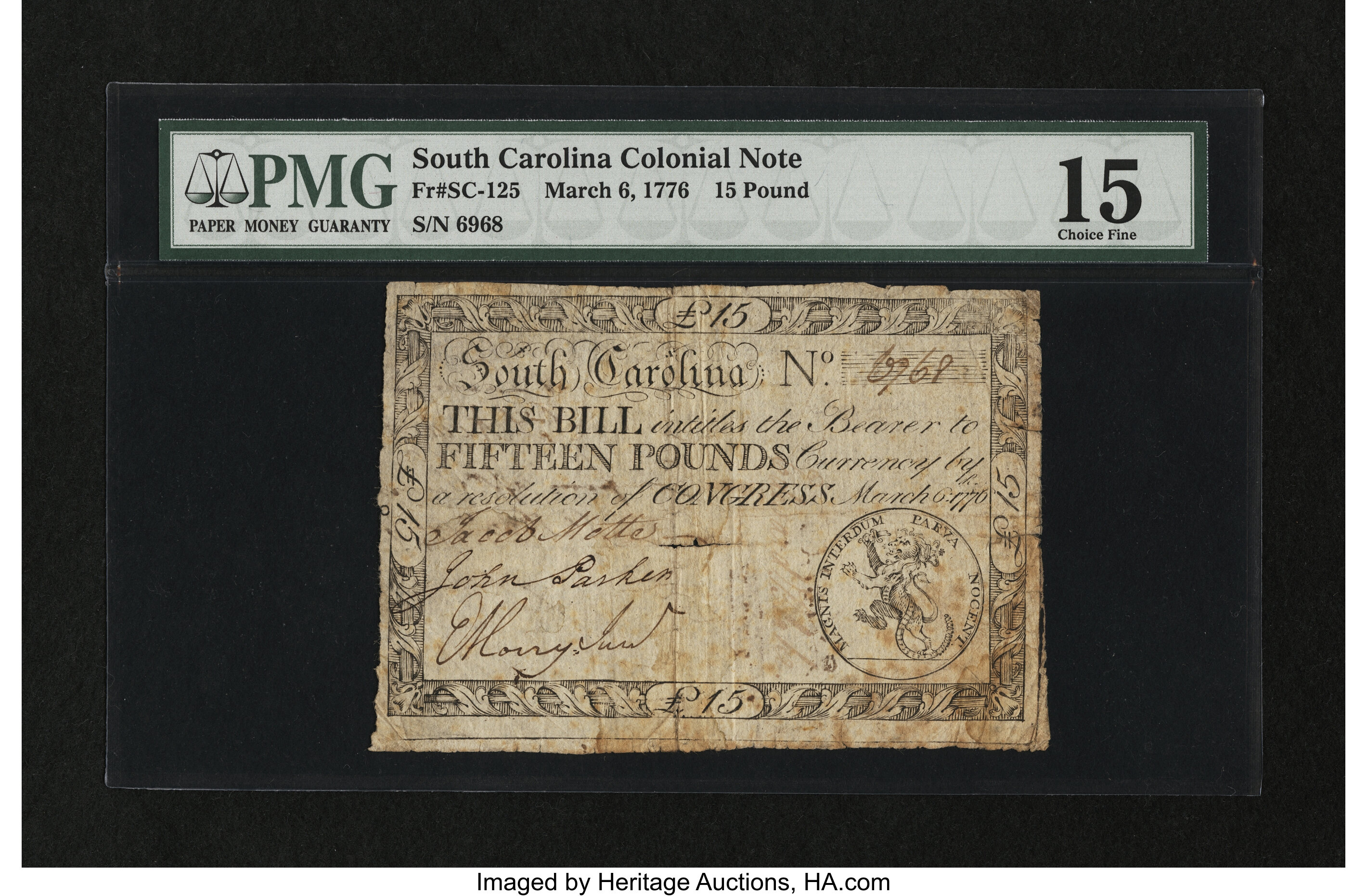 image for: South Carolina March 6, 1776 £15 PMG Choice Fine 15....