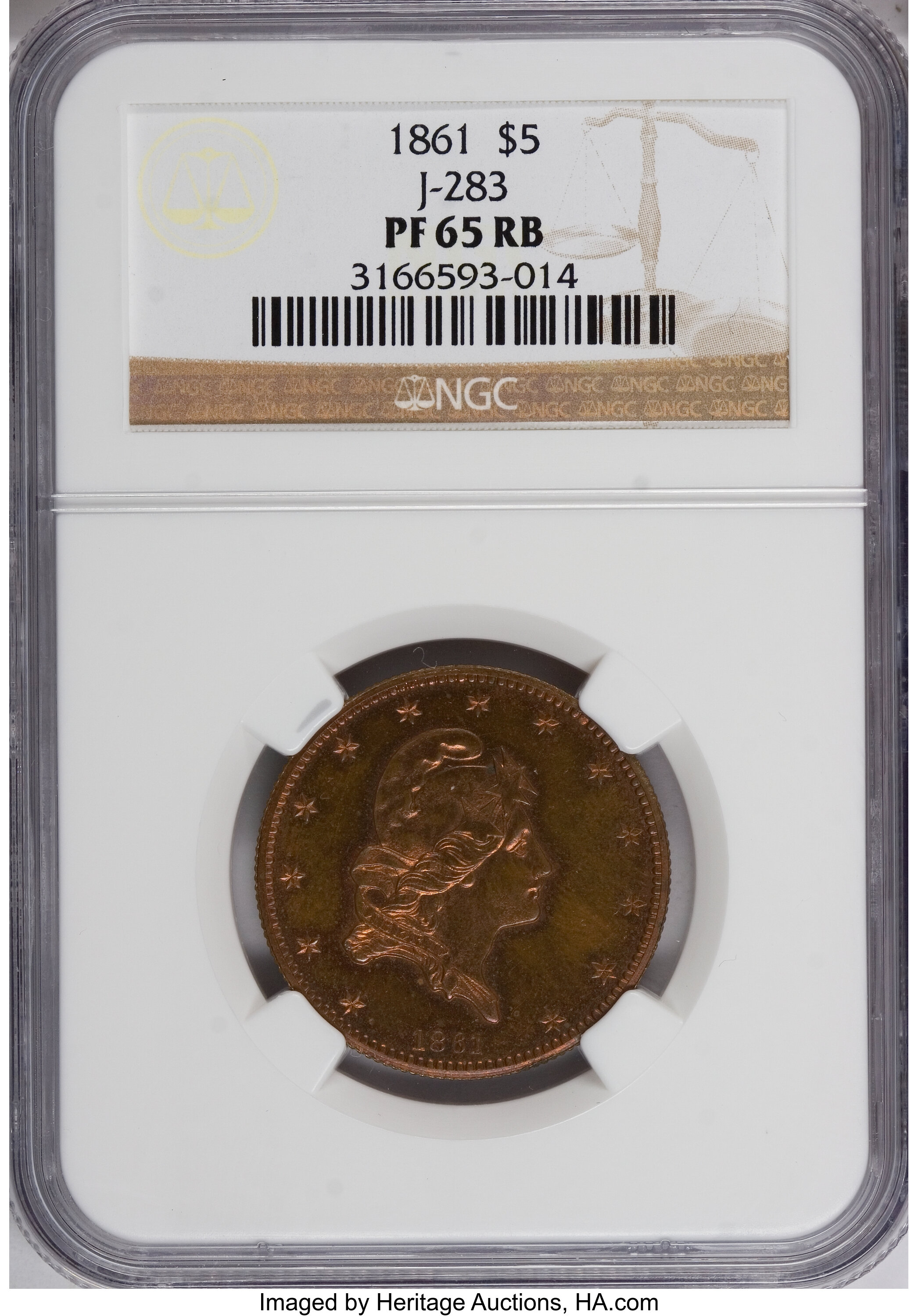 image for: 1861 $5 Five Dollar, Judd-283, Pollock-336, Low R.7, PR65 Red and Brown NGC....
