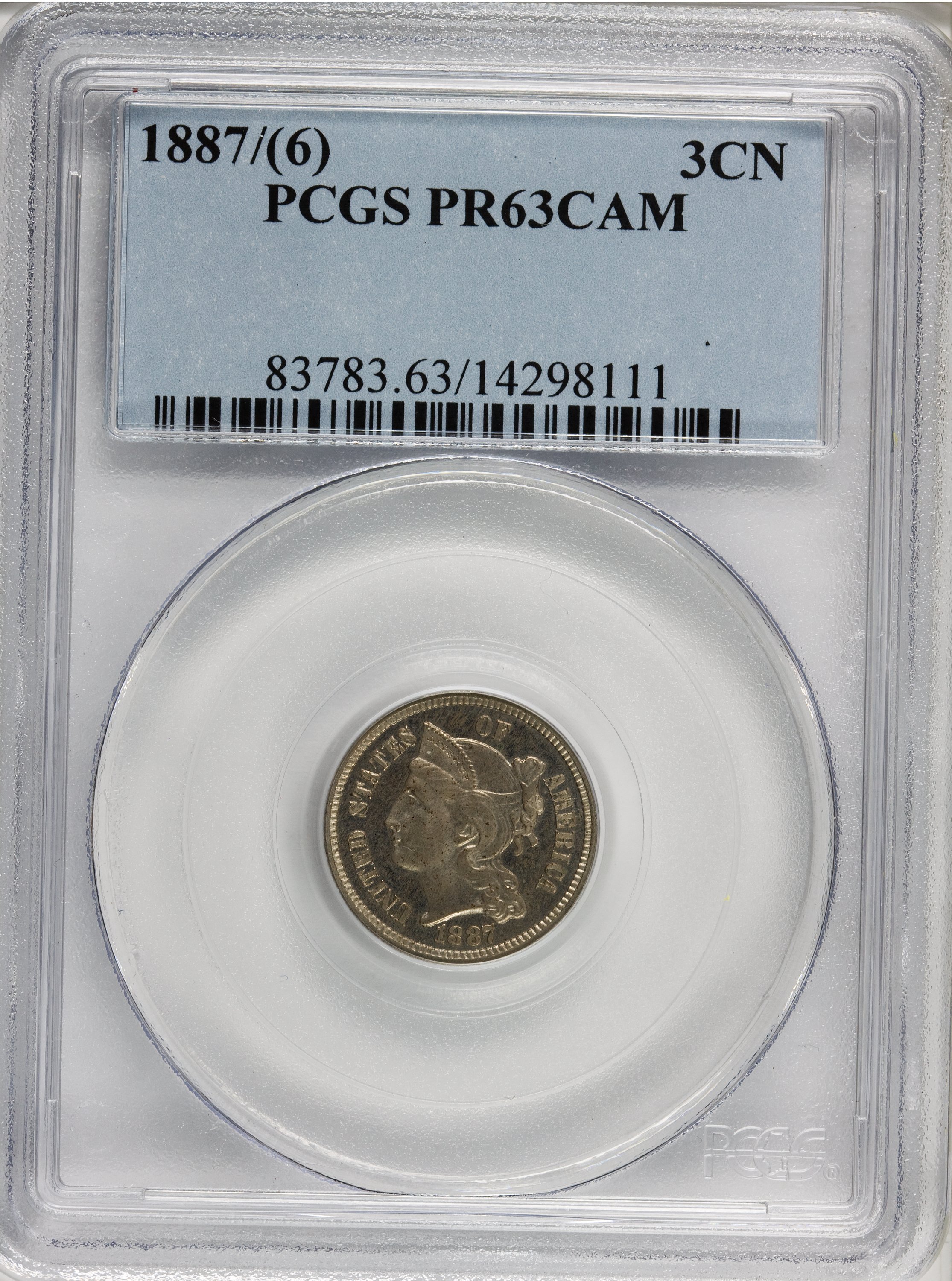 image for: 1887 3CN PR63 Cameo PCGS. PCGS Population (1/16). NGC Census: (0/4).   (#83783)...