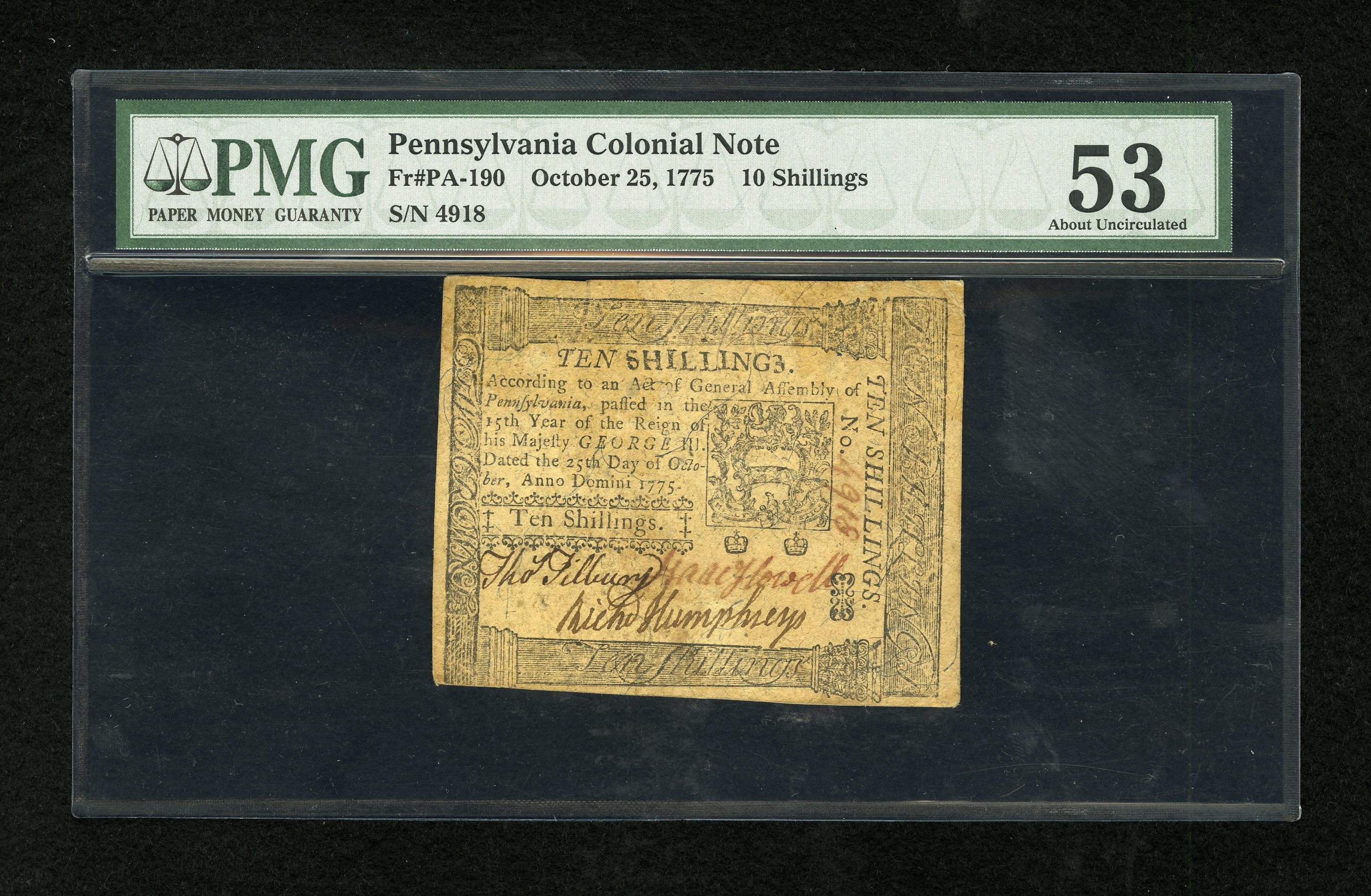 image for: Pennsylvania October 25, 1775 10s PMG About Uncirculated 53....