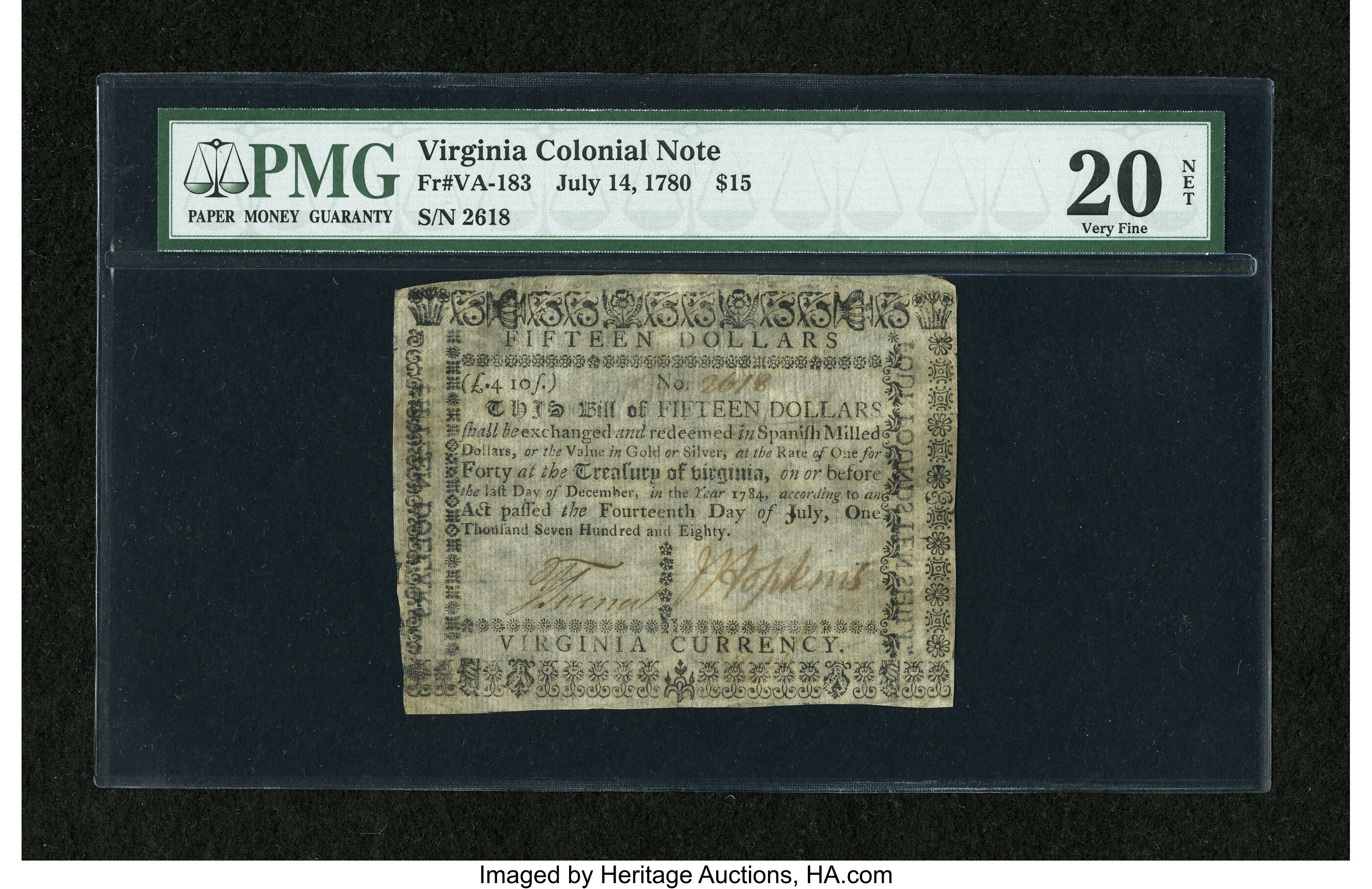 image for: Virginia July 14, 1780 $15 PMG Very Fine 20 Net....