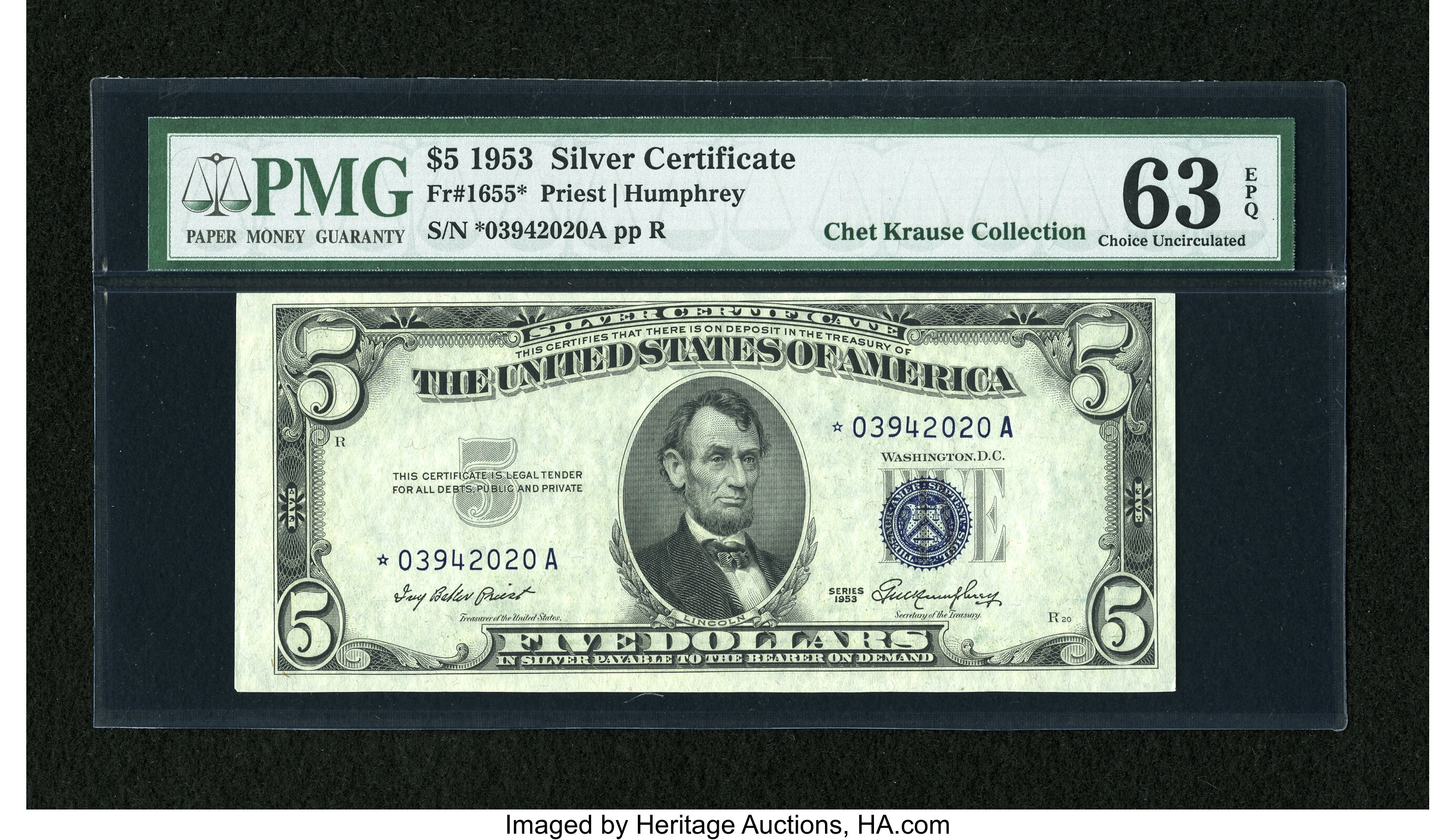 image for: Fr. 1655* $5 1953 Silver Certificate Star Note. PMG Choice Uncirculated 63 EPQ....