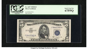 image for: Fr. 1657 $5 1953B Silver Certificate. PCGS Superb Gem New 67PPQ....