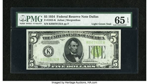 image for: Fr. 1955-K $5 1934 Light Green Seal Federal Reserve Note. PMG Gem Uncirculated 65 EPQ....