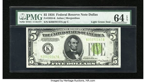 image for: Fr. 1955-K $5 1934 Light Green Seal Federal Reserve Note. PMG Choice Uncirculated 64 EPQ....