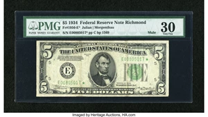 image for: Fr. 1956-E* $5 1934 Mule Federal Reserve Note. PMG Very Fine 30....