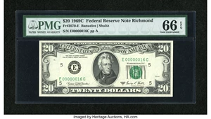 image for: Low Serial Number Fr. 2070-E $20 1969C Federal Reserve Note. PMG Gem Uncirculated 66 EPQ....