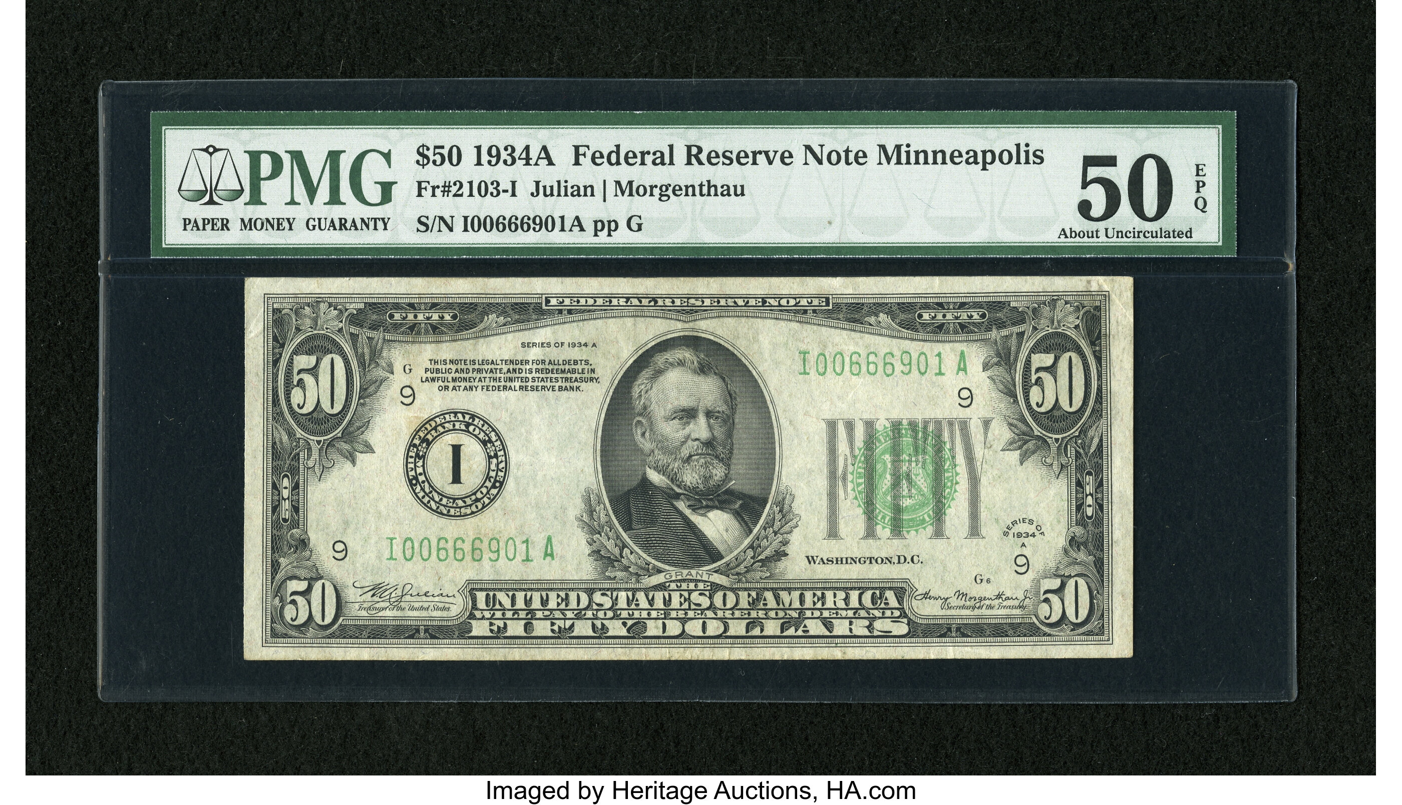 image for: Fr. 2103-I $50 1934A Federal Reserve Note. PMG About Uncirculated 50 EPQ....