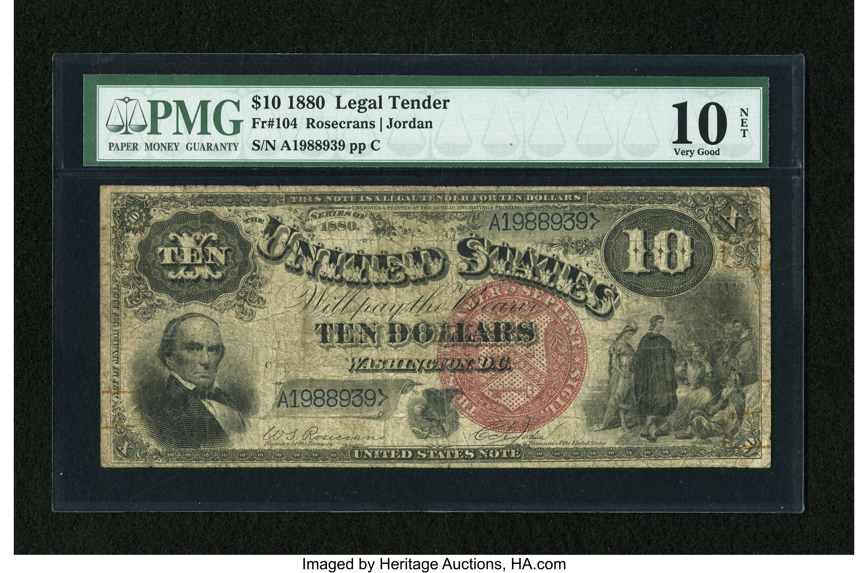 image for: Fr. 104 $10 1880 Legal Tender PMG Very Good 10 Net....