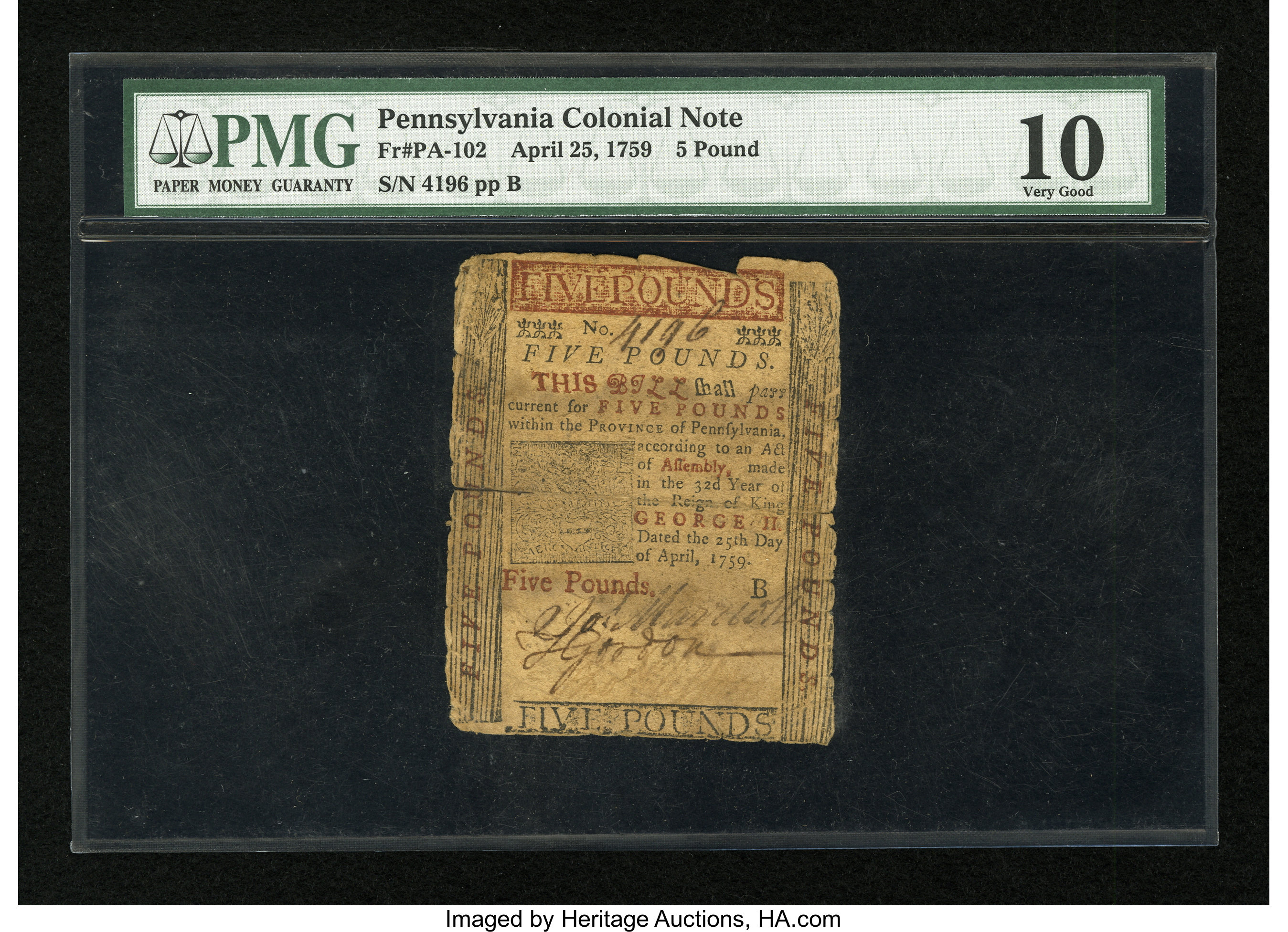 image for: Pennsylvania April 25, 1759 £5 PMG Very Good 10....