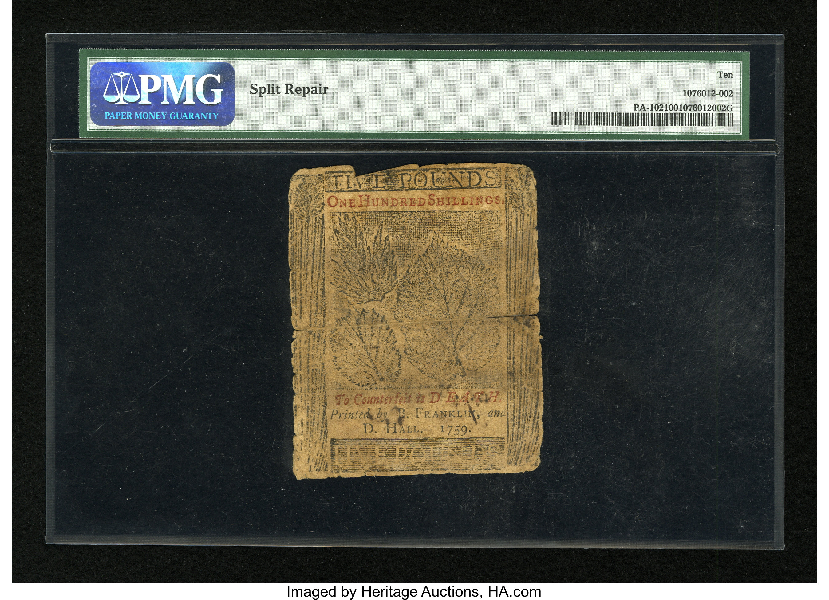 image for: Pennsylvania April 25, 1759 £5 PMG Very Good 10....