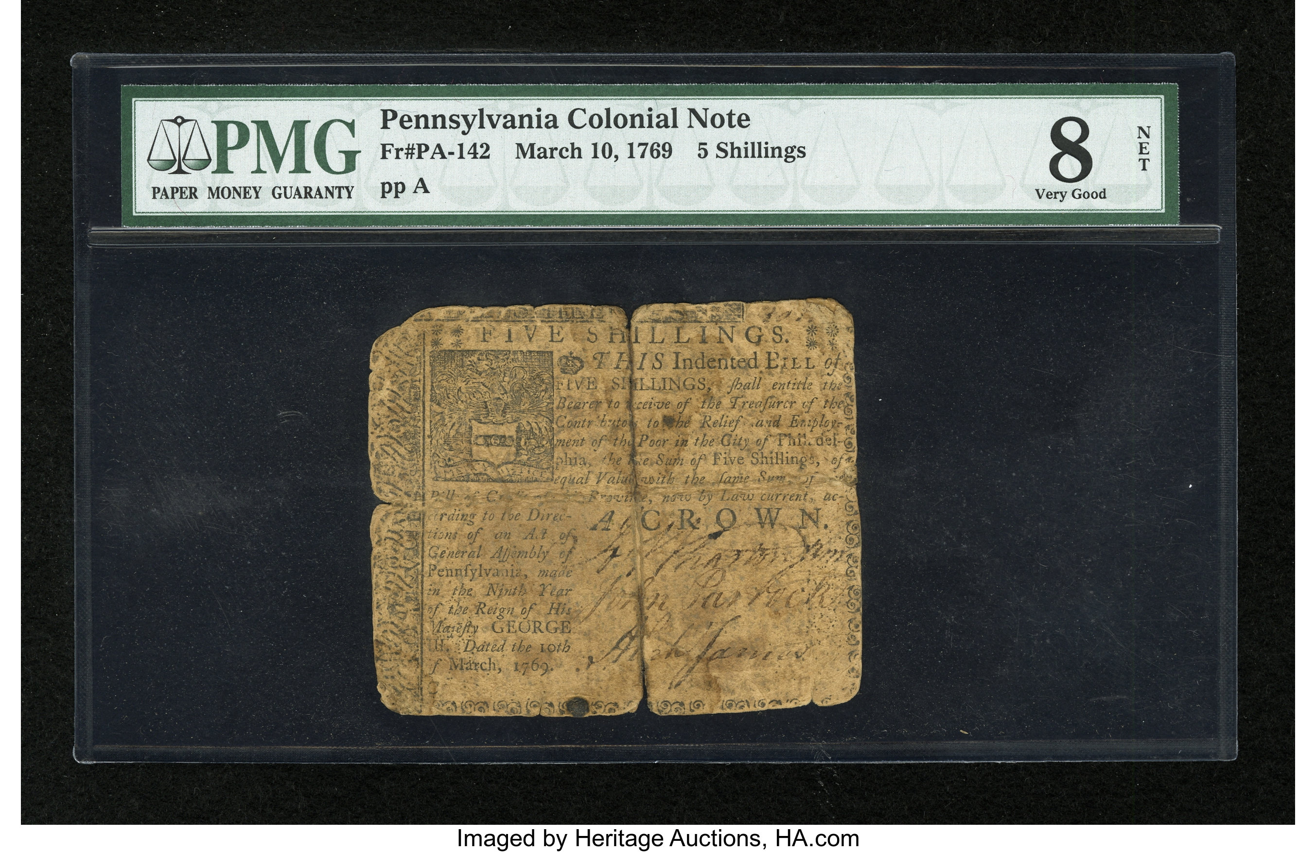 image for: Pennsylvania March 10, 1769 5s PMG Very Good 8 Net....