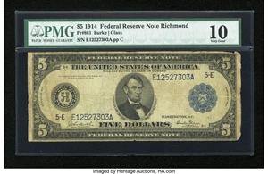 image for: Fr. 861 $5 1914 Federal Reserve Note PMG Very Good 10....